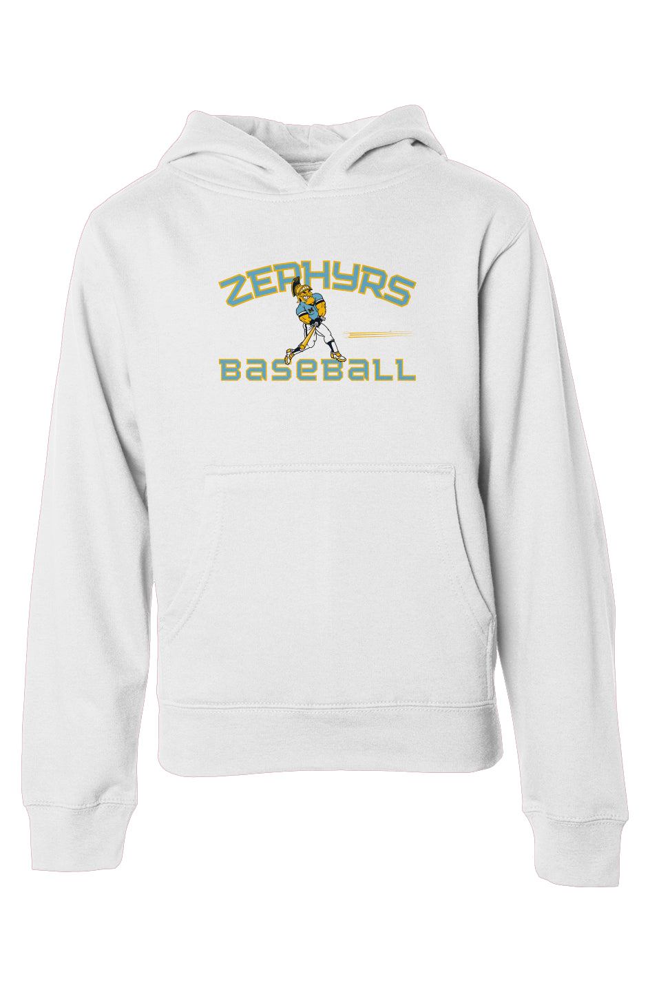Mahtomedi Baseball - Kids - white midweight 80/20 hoodie - baby blue Zephyrs mascot