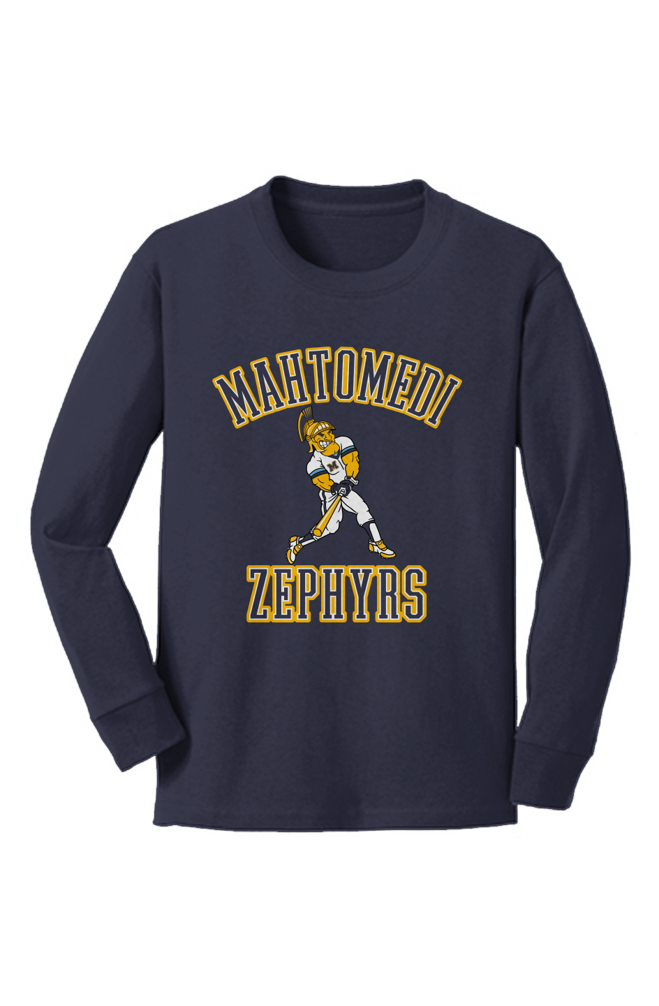 Mahtomedi Baseball - Kids - Longsleeve 100% Cotton Tee - navy mascot arc