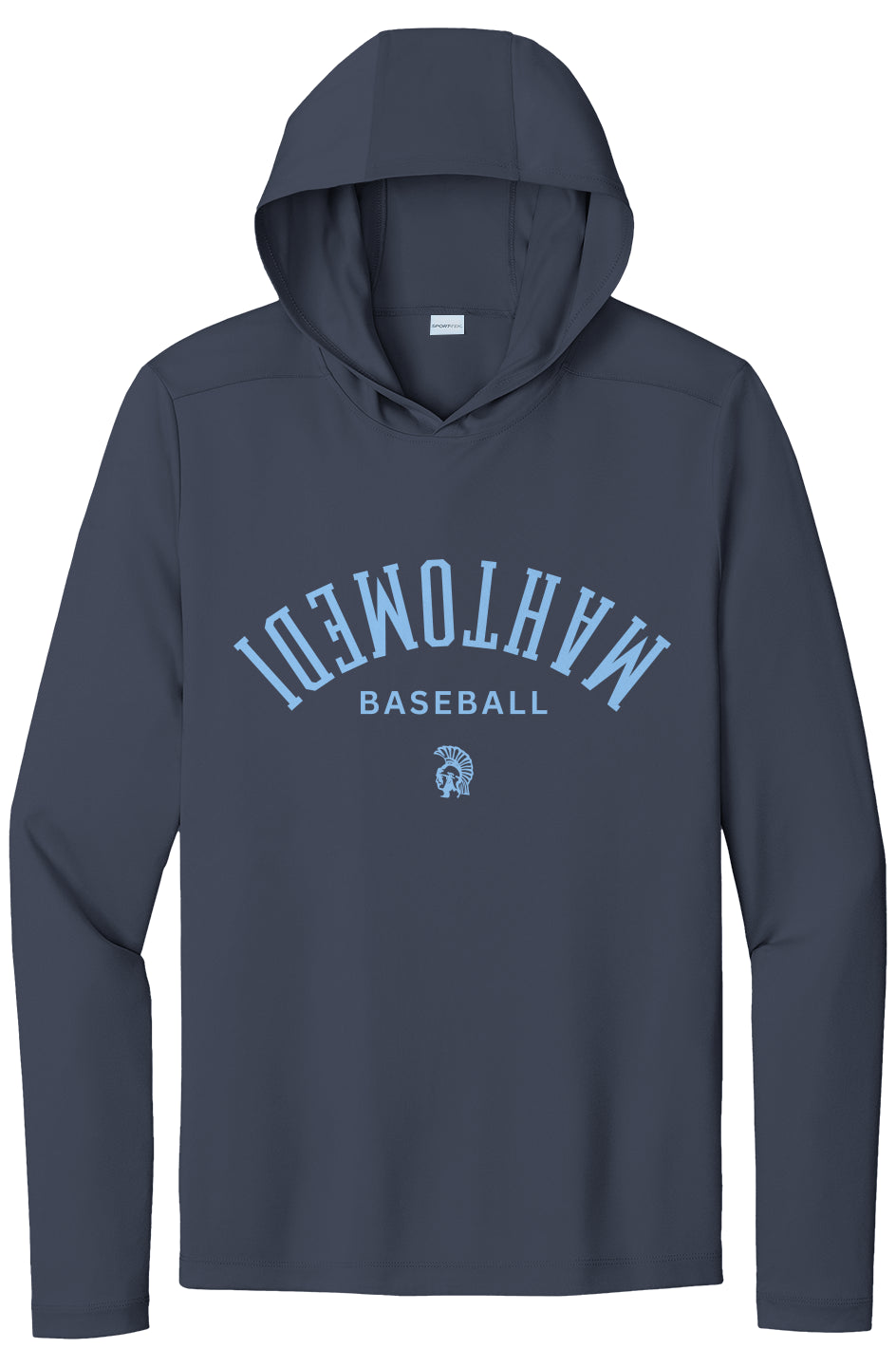 Mahtomedi Baseball - Men's - flipped baby blue navy - UPF50 hooded longsleeve tee